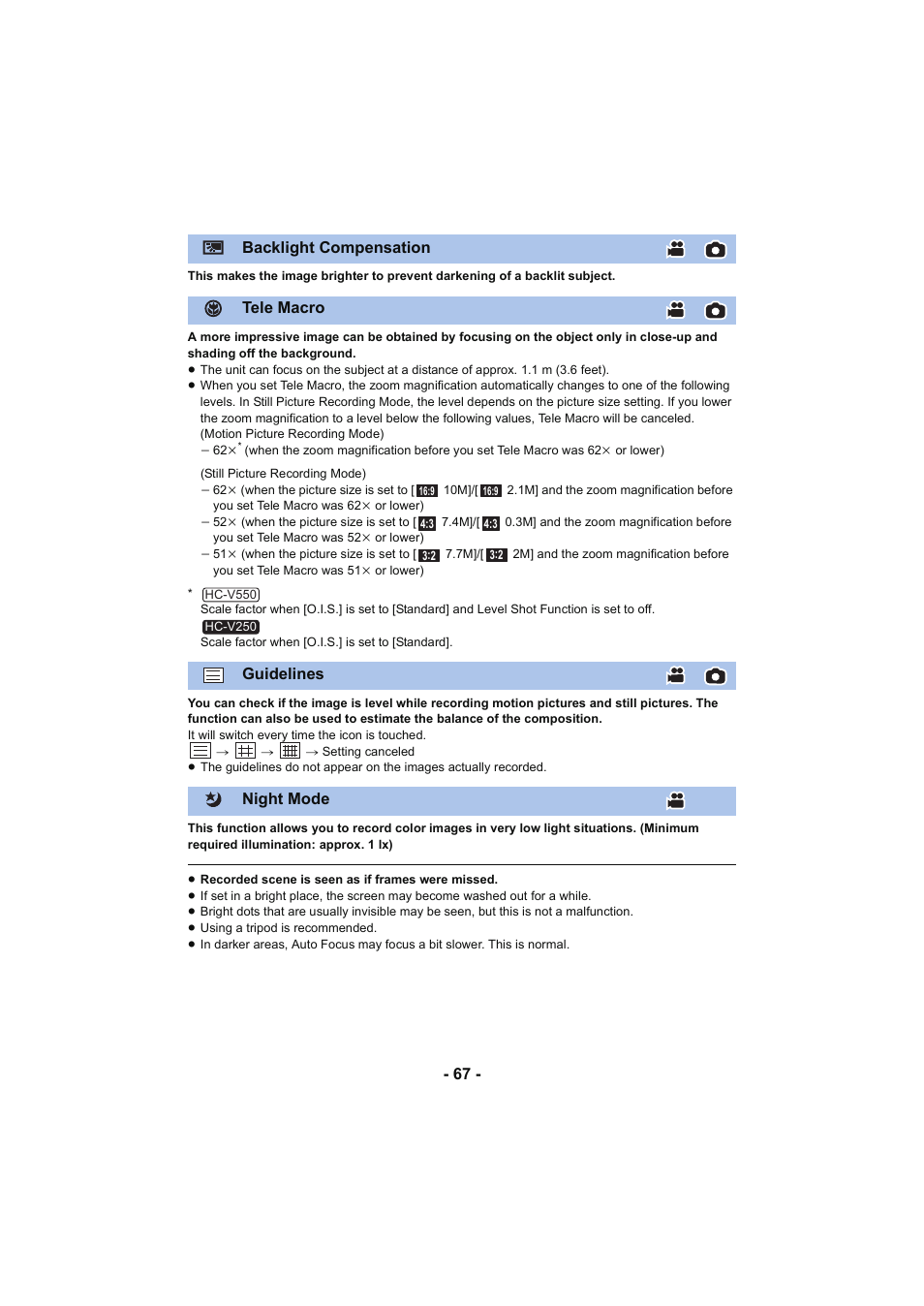 Backlight compensation, Tele macro), Guidelines | L 67, Tele macro | Panasonic HC-V250K User Manual | Page 67 / 207