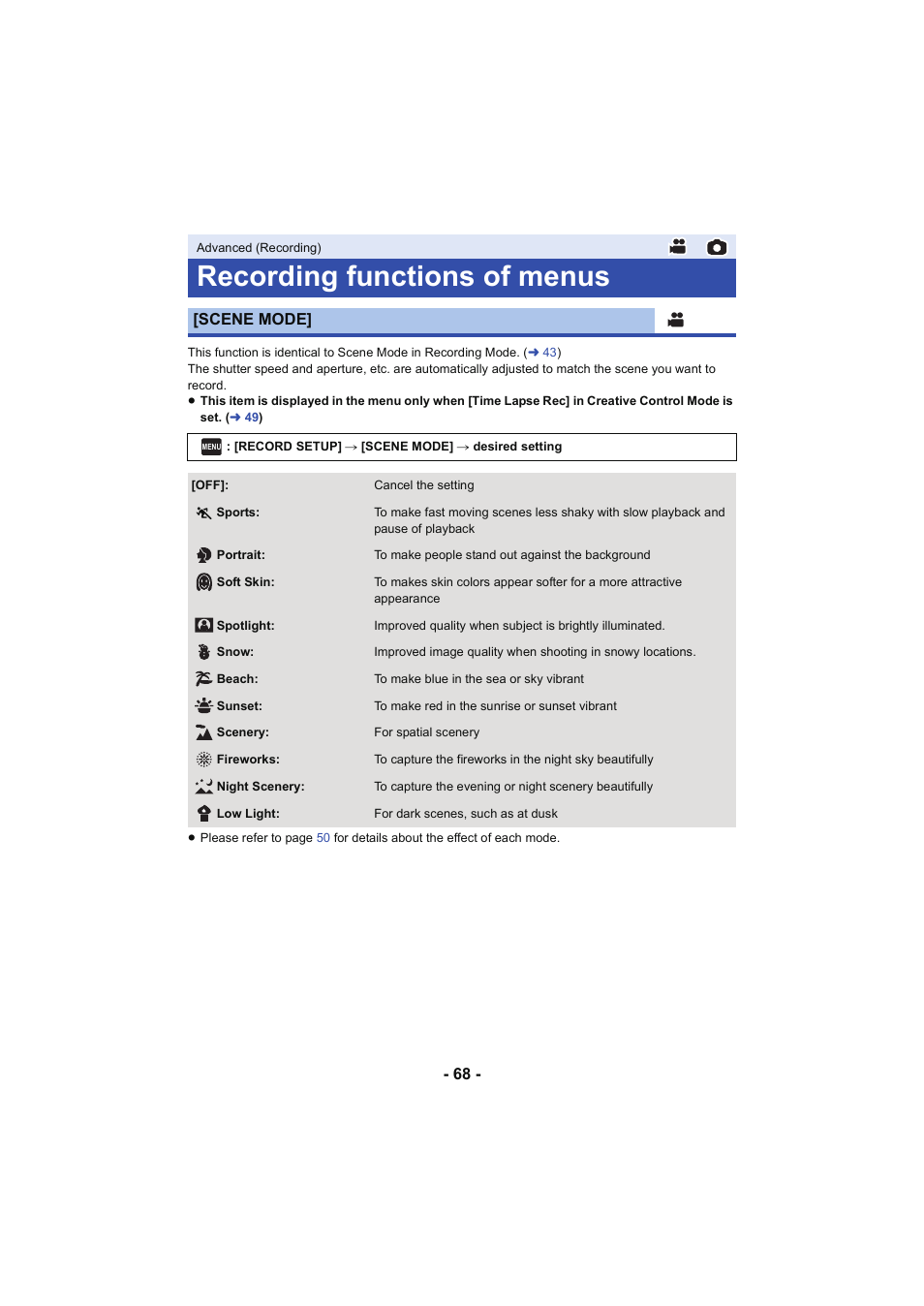 Recording functions of menus, Scene mode | Panasonic HC-V250K User Manual | Page 68 / 207