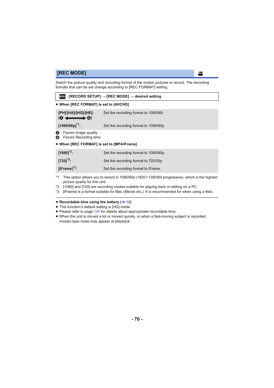 Rec mode | Panasonic HC-V250K User Manual | Page 70 / 207
