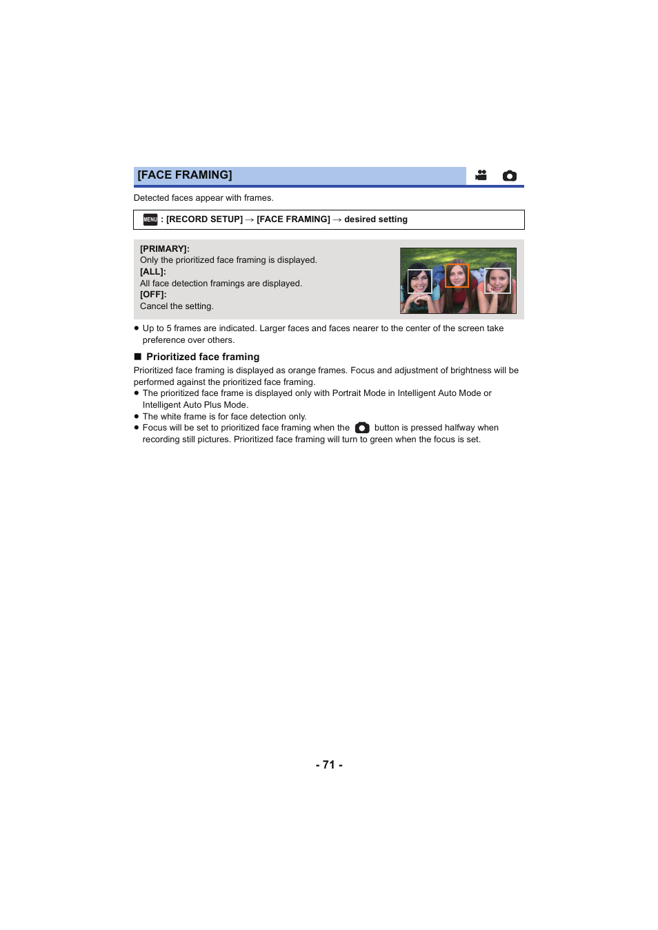 Face framing | Panasonic HC-V250K User Manual | Page 71 / 207