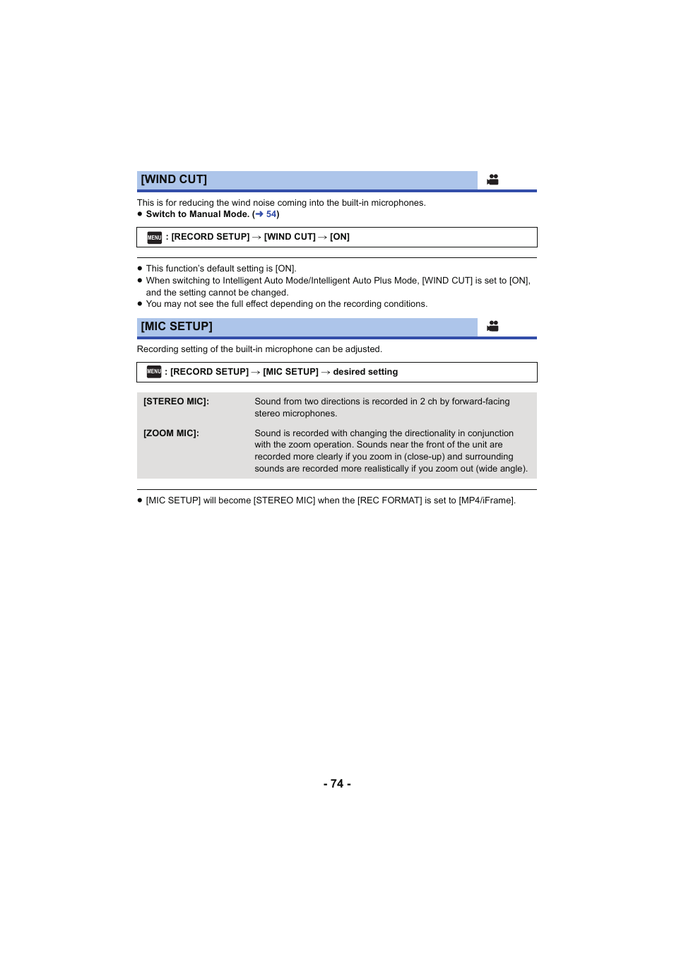 Wind cut, Mic setup | Panasonic HC-V250K User Manual | Page 74 / 207