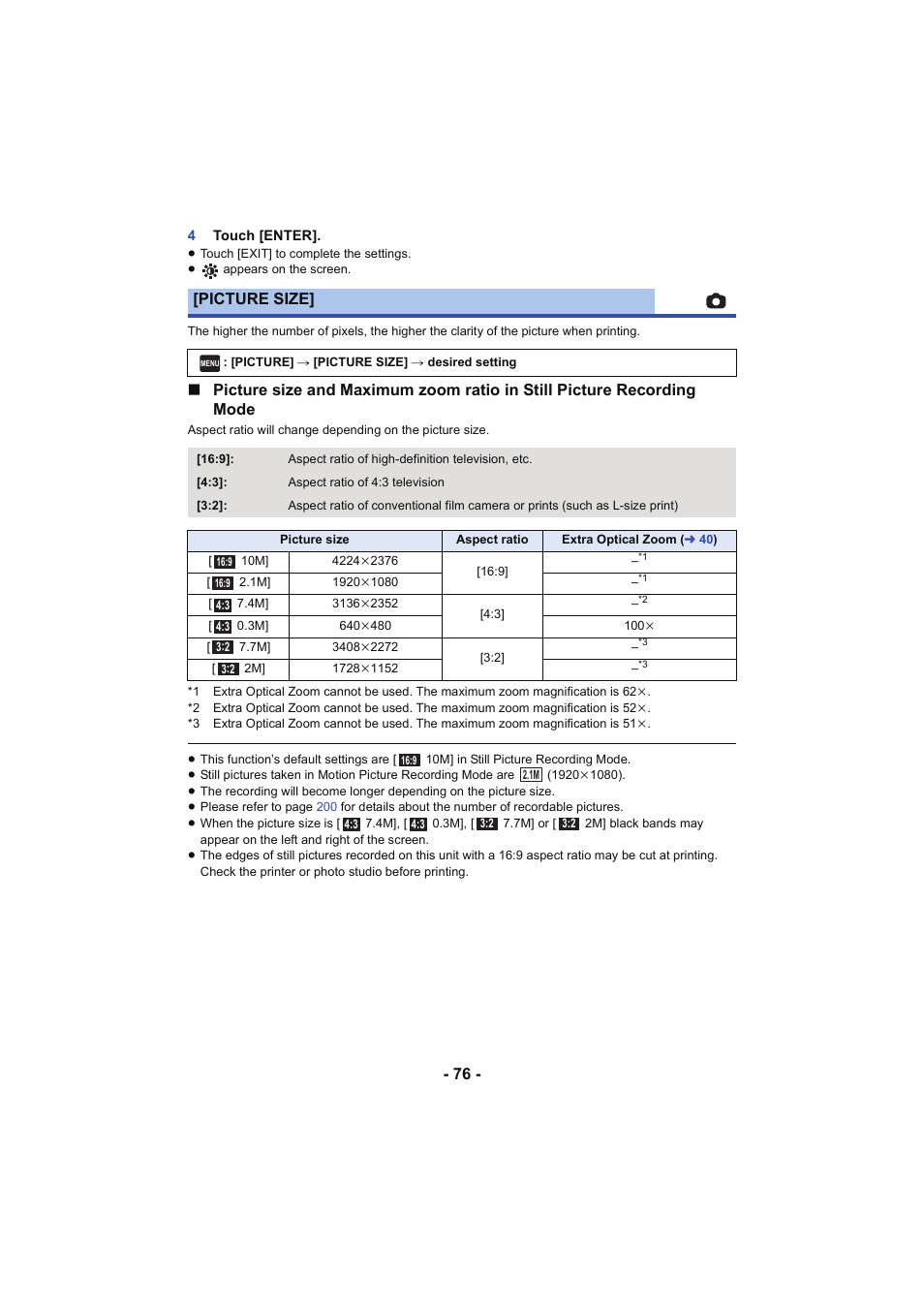 L 76, Picture size | Panasonic HC-V250K User Manual | Page 76 / 207