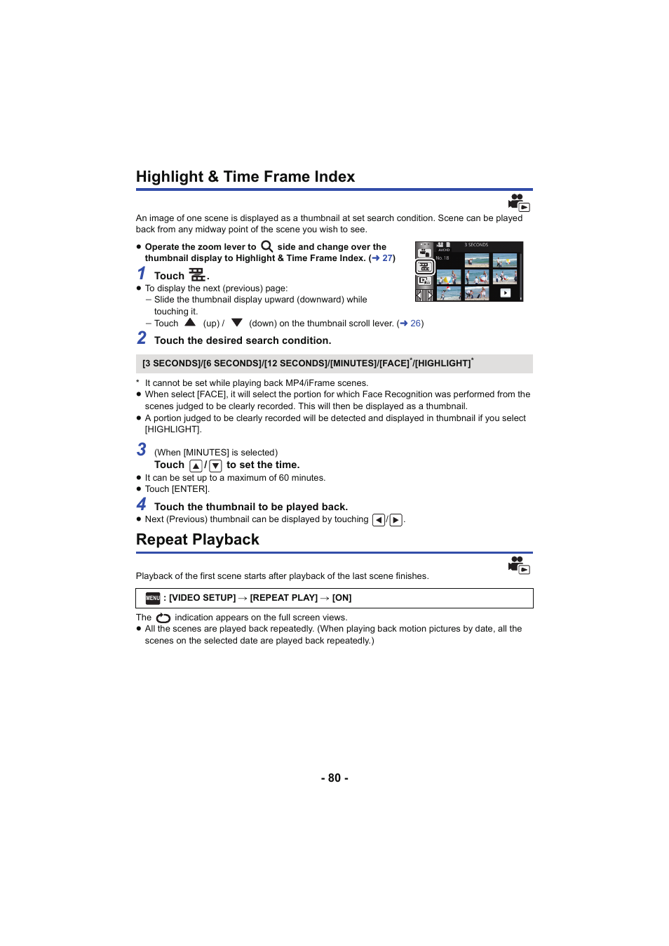 Highlight & time frame index, Repeat playback, Highlight & time frame index repeat playback | Panasonic HC-V250K User Manual | Page 80 / 207