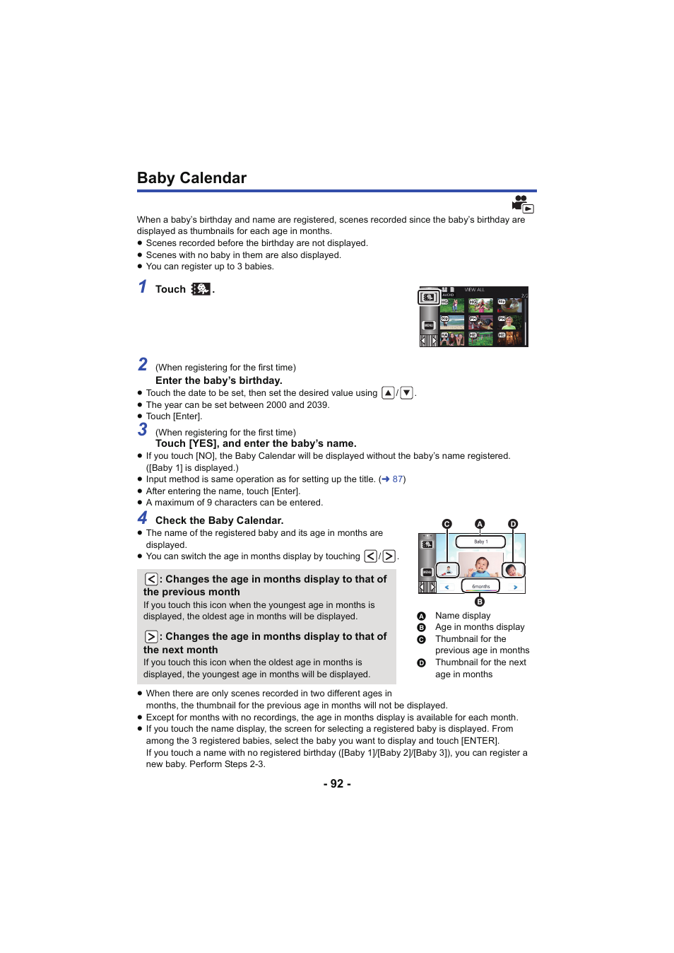 Baby calendar, L 92 | Panasonic HC-V250K User Manual | Page 92 / 207