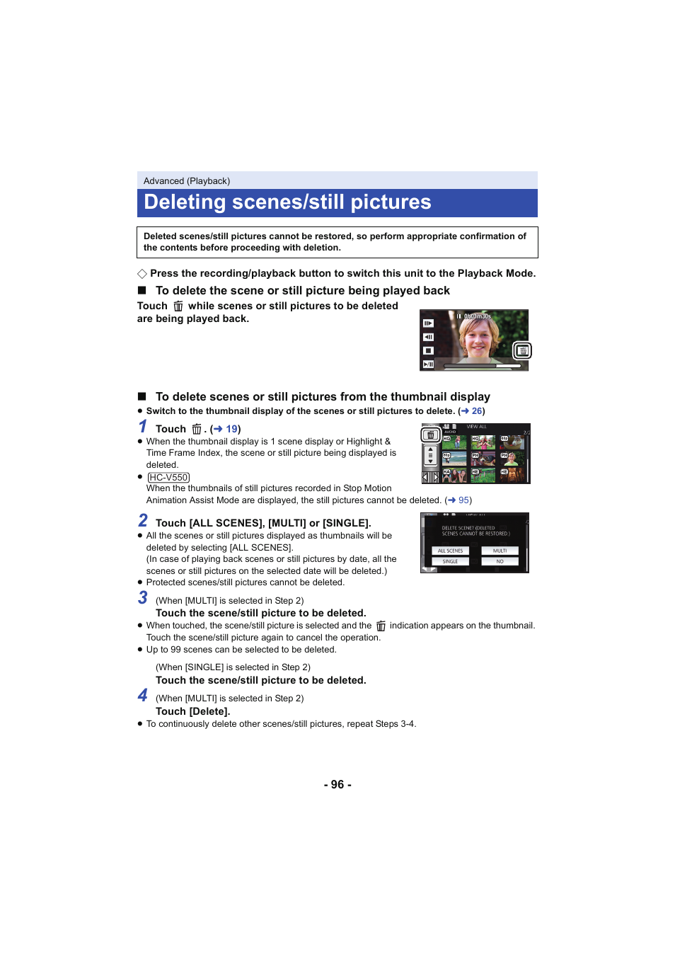 Deleting scenes/still pictures | Panasonic HC-V250K User Manual | Page 96 / 207