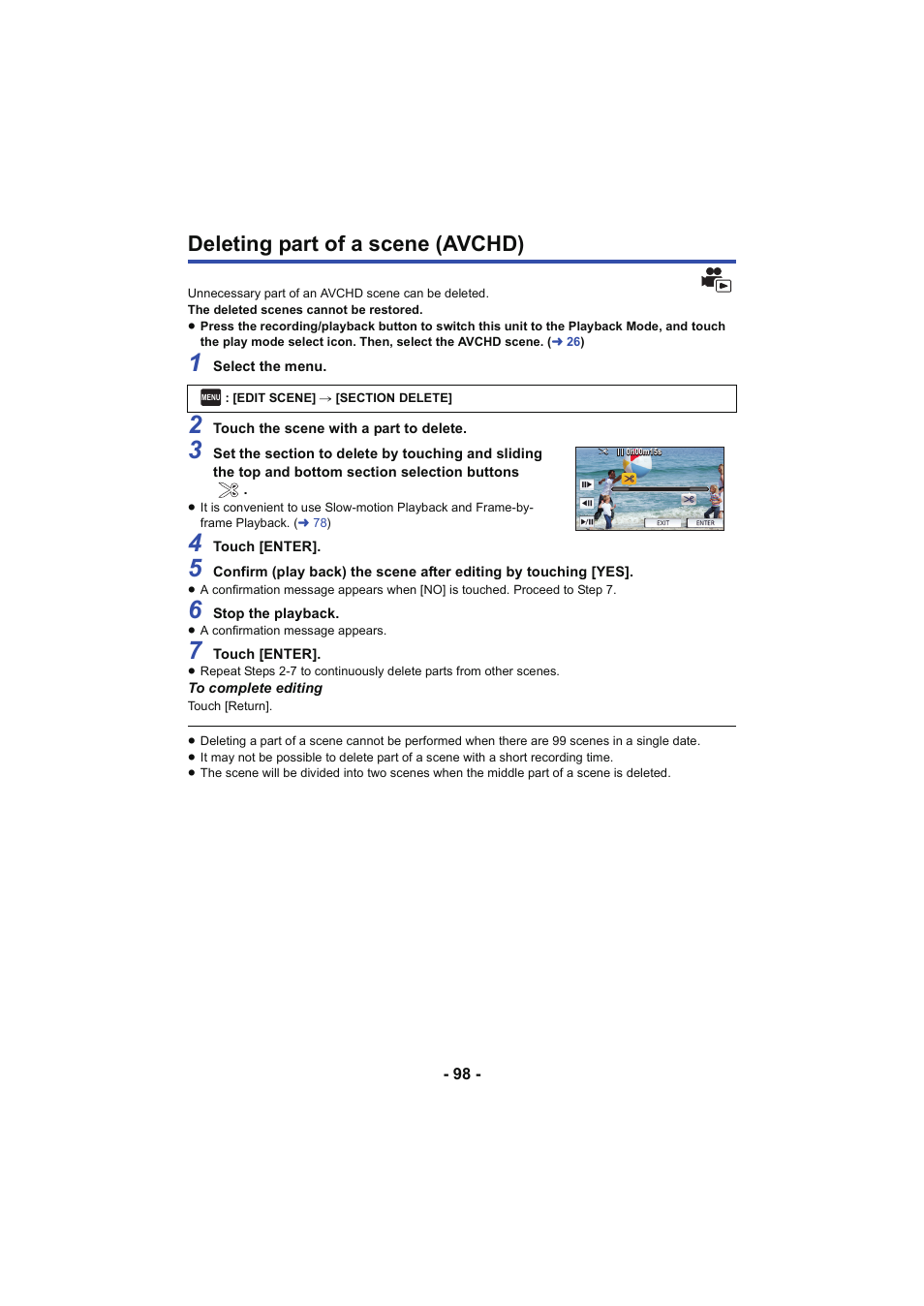 Deleting part of a scene (avchd) | Panasonic HC-V250K User Manual | Page 98 / 207