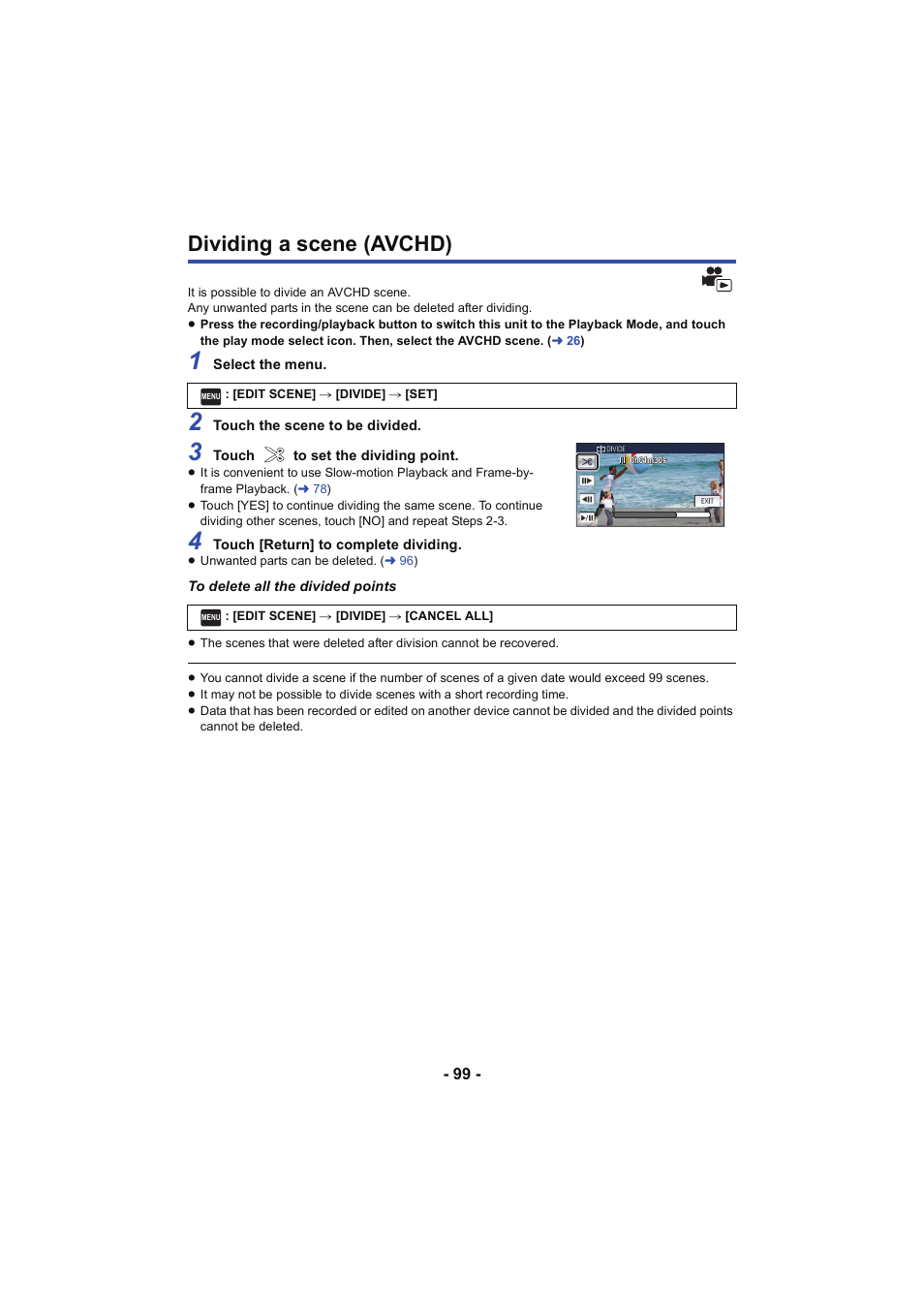 Dividing a scene (avchd) | Panasonic HC-V250K User Manual | Page 99 / 207