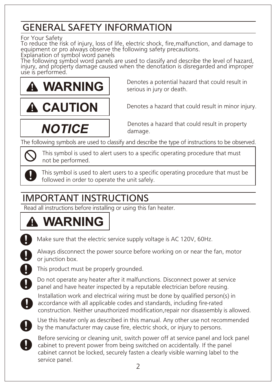 Warning, Caution, Notice | General safety information, Important instructions | Panasonic FV-07VFH3 User Manual | Page 2 / 12