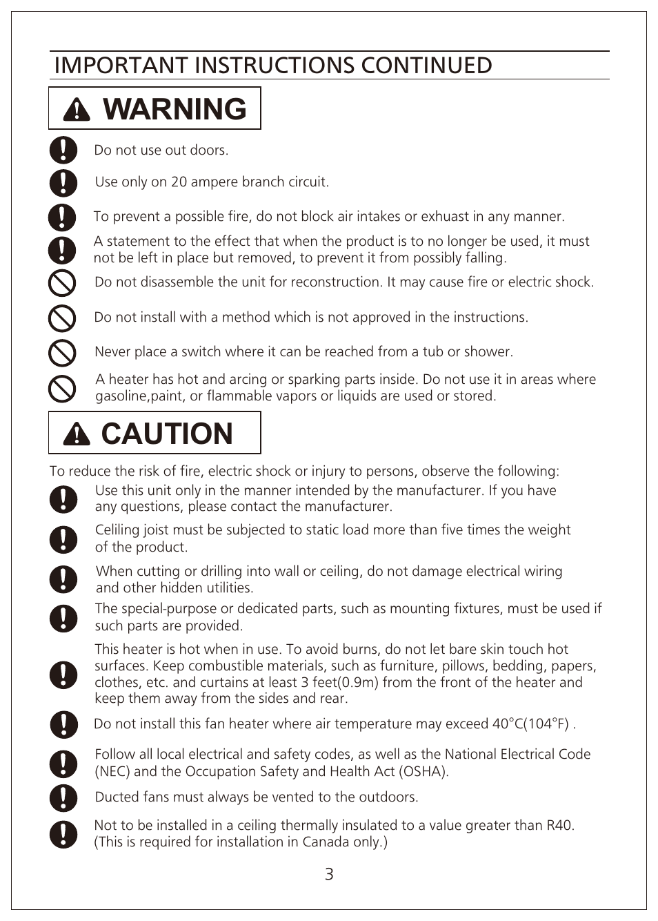 Caution, Warning, Important instructions continued | Panasonic FV-07VFH3 User Manual | Page 3 / 12