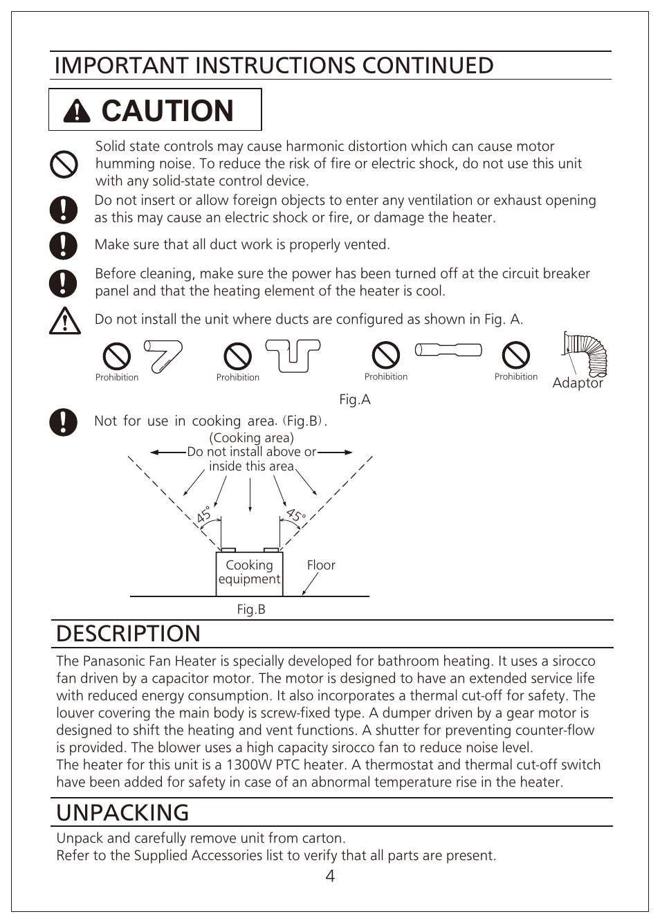 Caution, Important instructions continued, Unpacking | Description | Panasonic FV-07VFH3 User Manual | Page 4 / 12