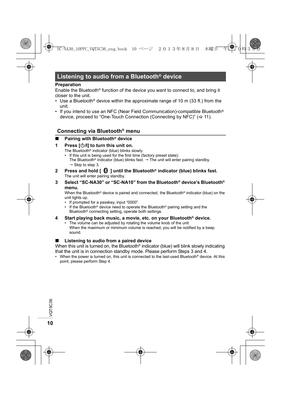 Listening to audio from a bluetooth® device, Connecting via bluetooth® menu, Listening to audio from a bluetooth | Device, Connecting via bluetooth, Menu | Panasonic SC-NA30 User Manual | Page 10 / 24