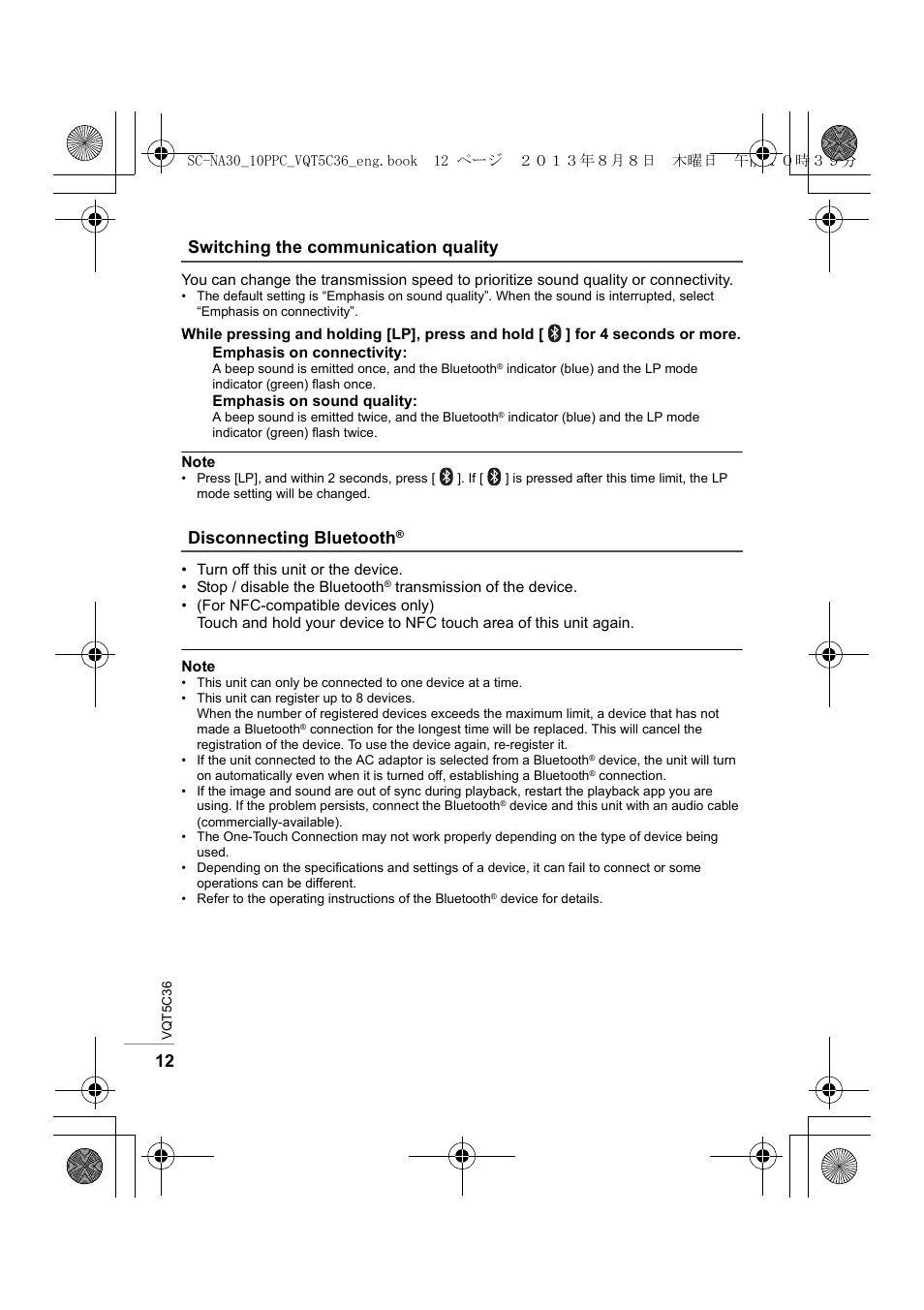 Switching the communication quality, Disconnecting bluetooth | Panasonic SC-NA30 User Manual | Page 12 / 24