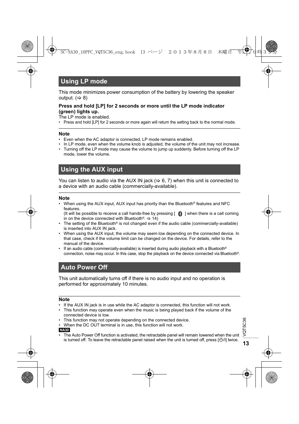 Using lp mode, Using the aux input, Auto power off | Using lp mode using the aux input auto power off | Panasonic SC-NA30 User Manual | Page 13 / 24