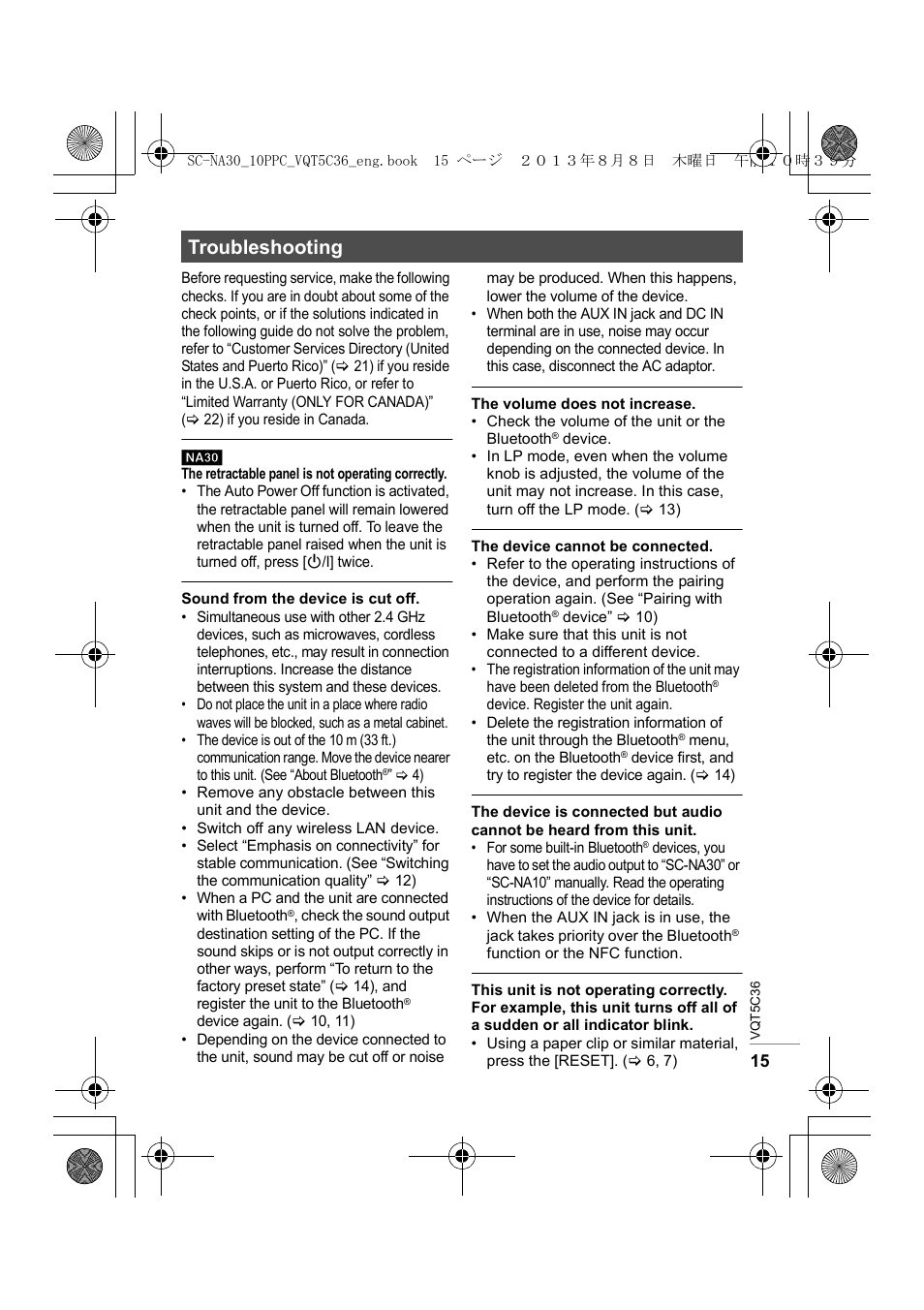 Troubleshooting | Panasonic SC-NA30 User Manual | Page 15 / 24