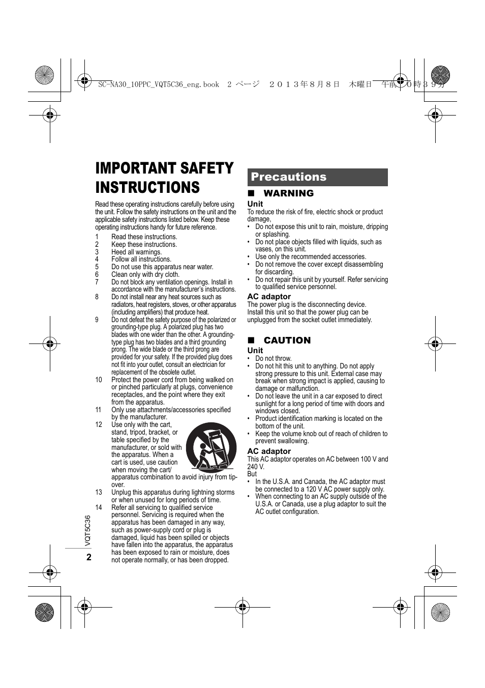 Important safety instructions, Precautions | Panasonic SC-NA30 User Manual | Page 2 / 24