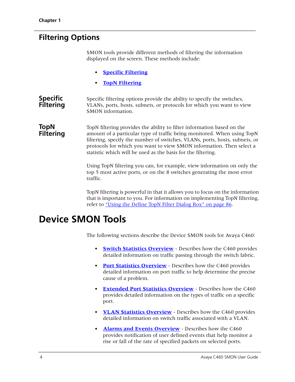 Filtering options, Device smon tools, The device smo | Specific filtering, Topn filtering | Avaya C460 SMON User Manual | Page 12 / 102