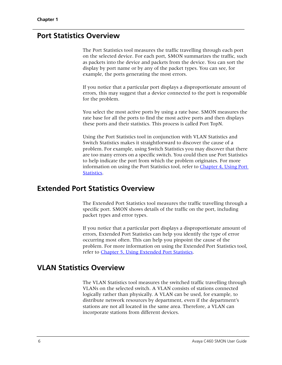Port statistics overview, Extended port statistics overview, Vlan statistics overview | Describes how the c460, Descr | Avaya C460 SMON User Manual | Page 14 / 102