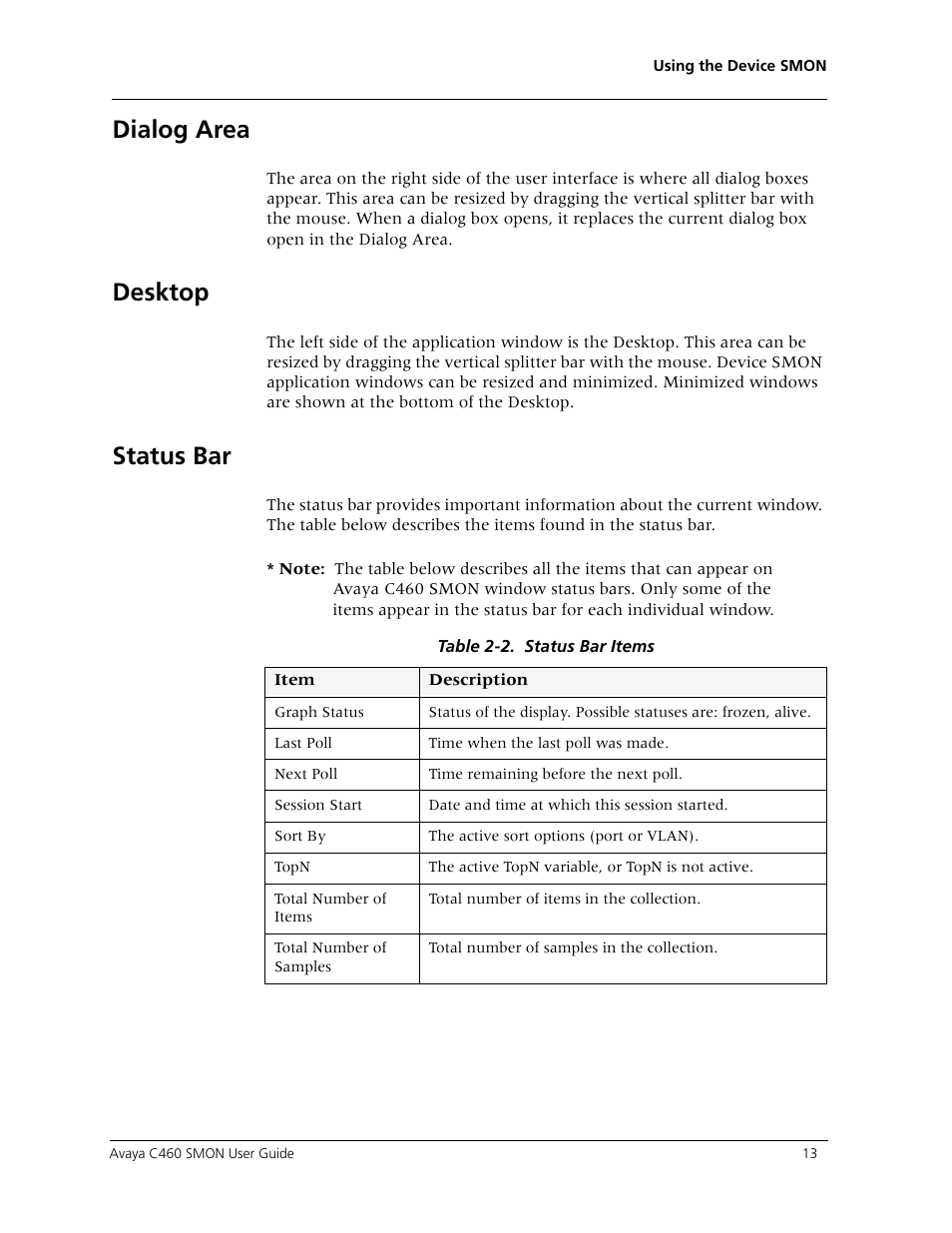 Dialog area, Desktop, Status bar | Dialog area desktop status bar | Avaya C460 SMON User Manual | Page 21 / 102