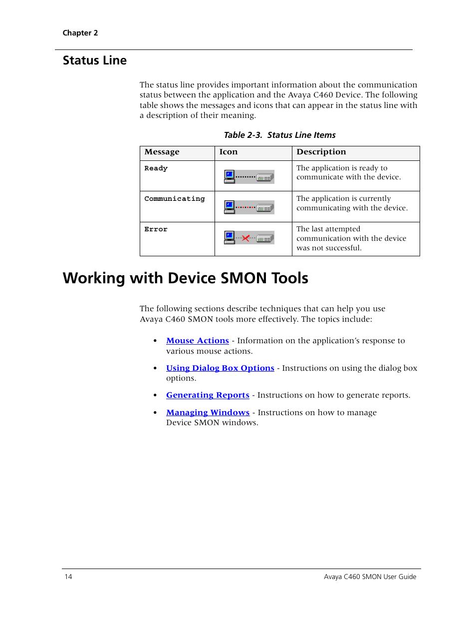 Status line, Working with device smon tools | Avaya C460 SMON User Manual | Page 22 / 102