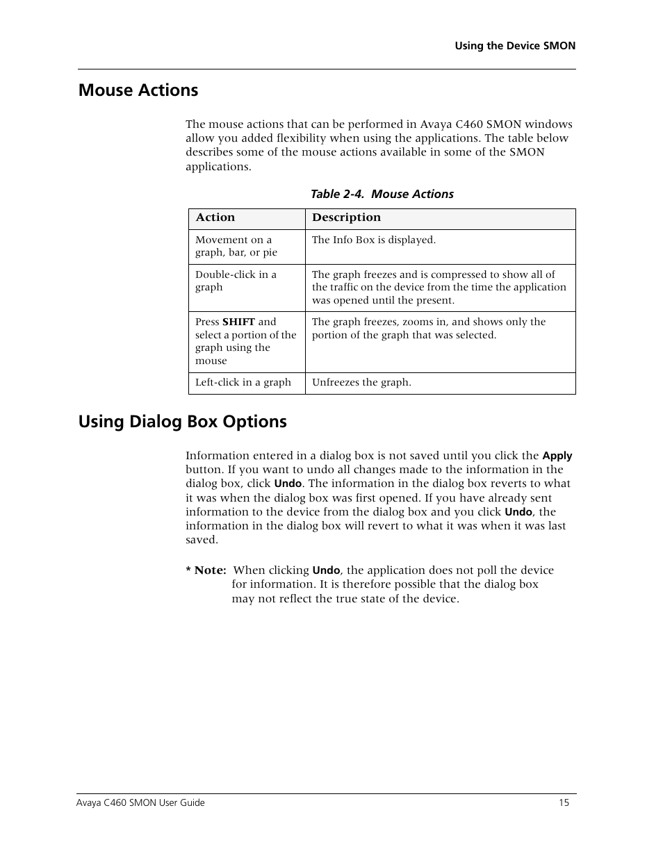 Mouse actions, Using dialog box options, Mouse actions using dialog box options | Avaya C460 SMON User Manual | Page 23 / 102