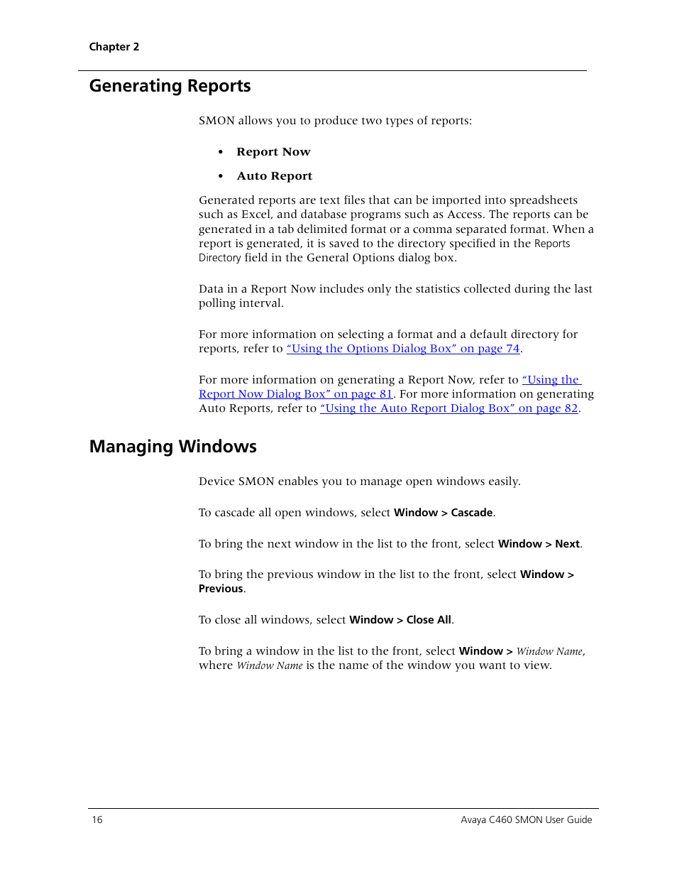 Generating reports, Managing windows, Generating reports managing windows | Avaya C460 SMON User Manual | Page 24 / 102
