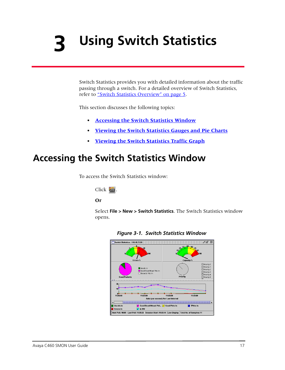 Using switch statistics, Accessing the switch statistics window, Chapter 3 — using switch statistics | Avaya C460 SMON User Manual | Page 25 / 102