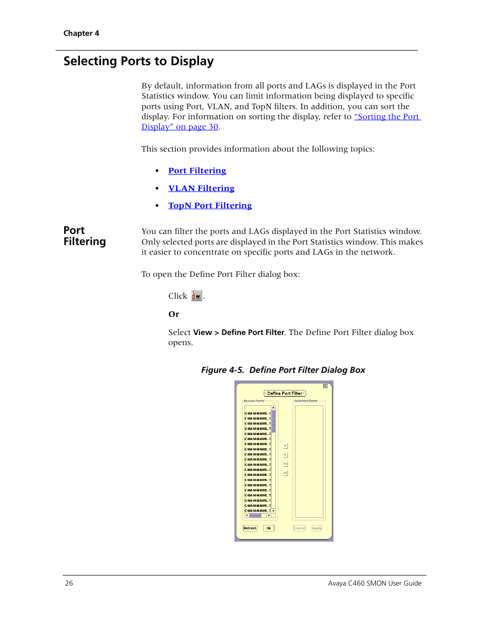 Selecting ports to display, Port filtering | Avaya C460 SMON User Manual | Page 34 / 102