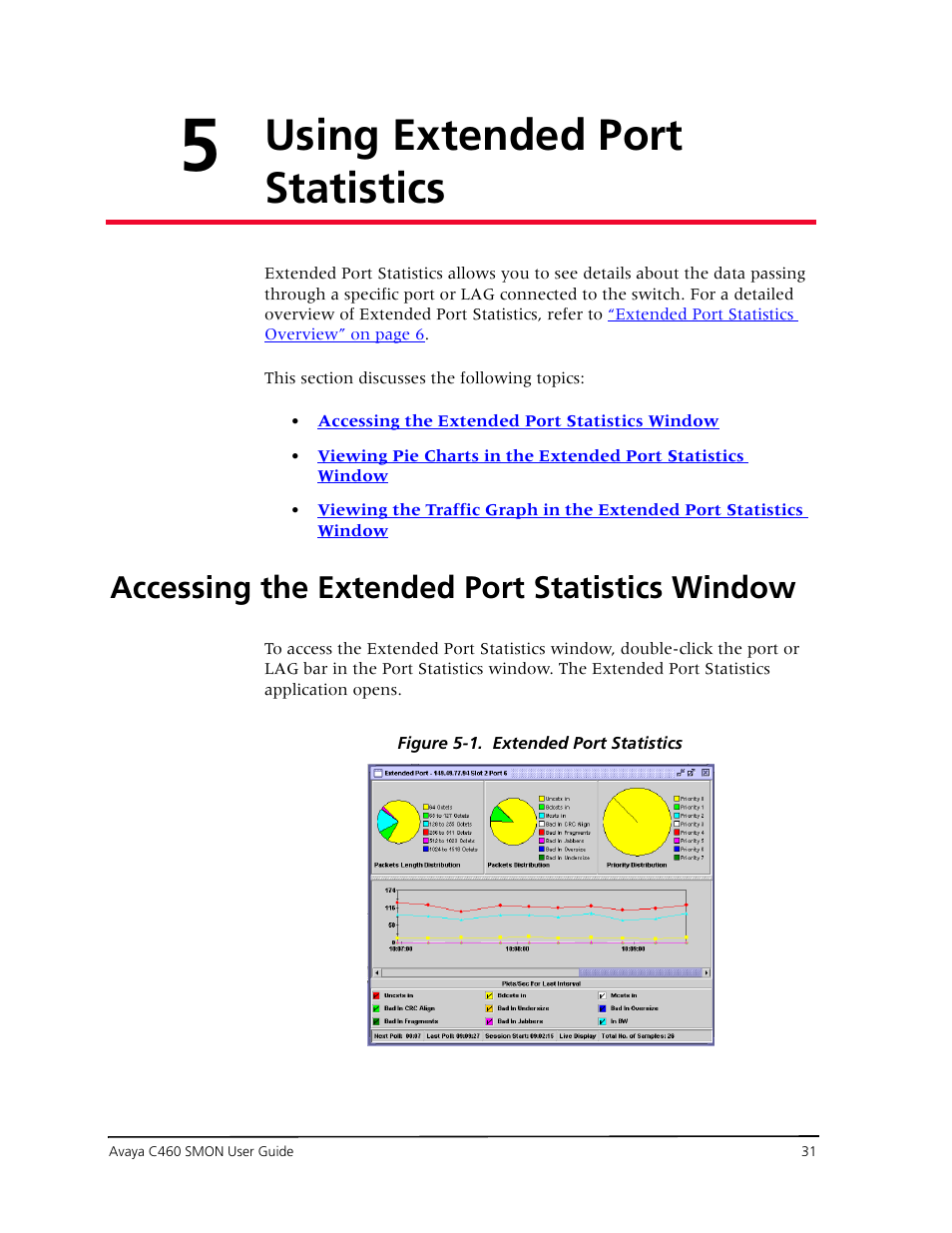 Using extended port statistics, Accessing the extended port statistics window, Chapter 5 — using extended port statistics | Chapter 5, using extended port statistics | Avaya C460 SMON User Manual | Page 39 / 102
