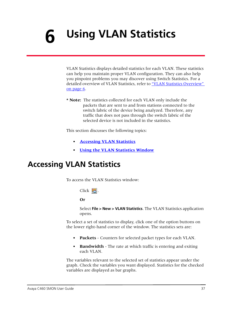 Using vlan statistics, Accessing vlan statistics, Chapter 6 — using vlan statistics | This | Avaya C460 SMON User Manual | Page 45 / 102