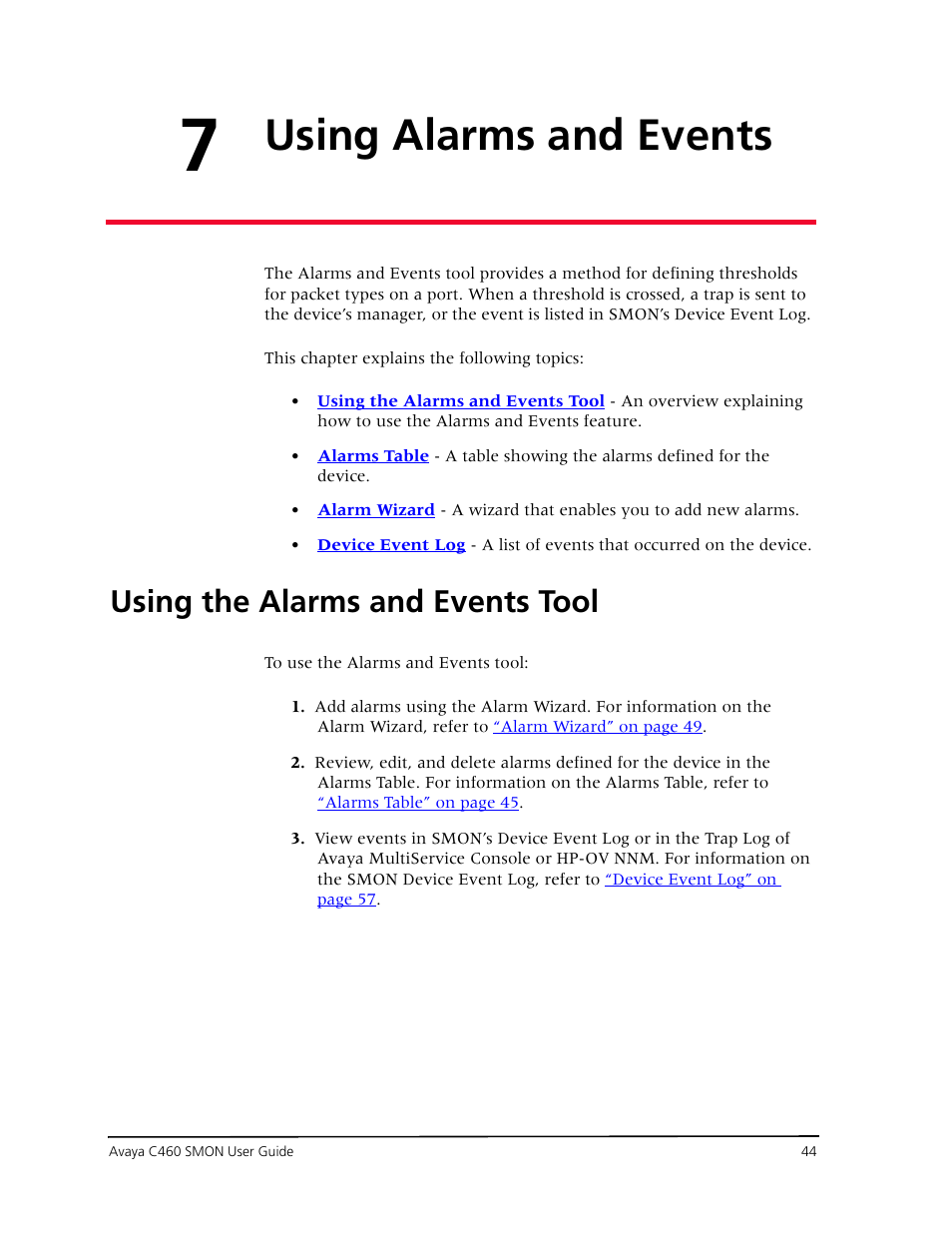 Using alarms and events, Using the alarms and events tool, Chapter 7 — using alarms and events | Avaya C460 SMON User Manual | Page 52 / 102