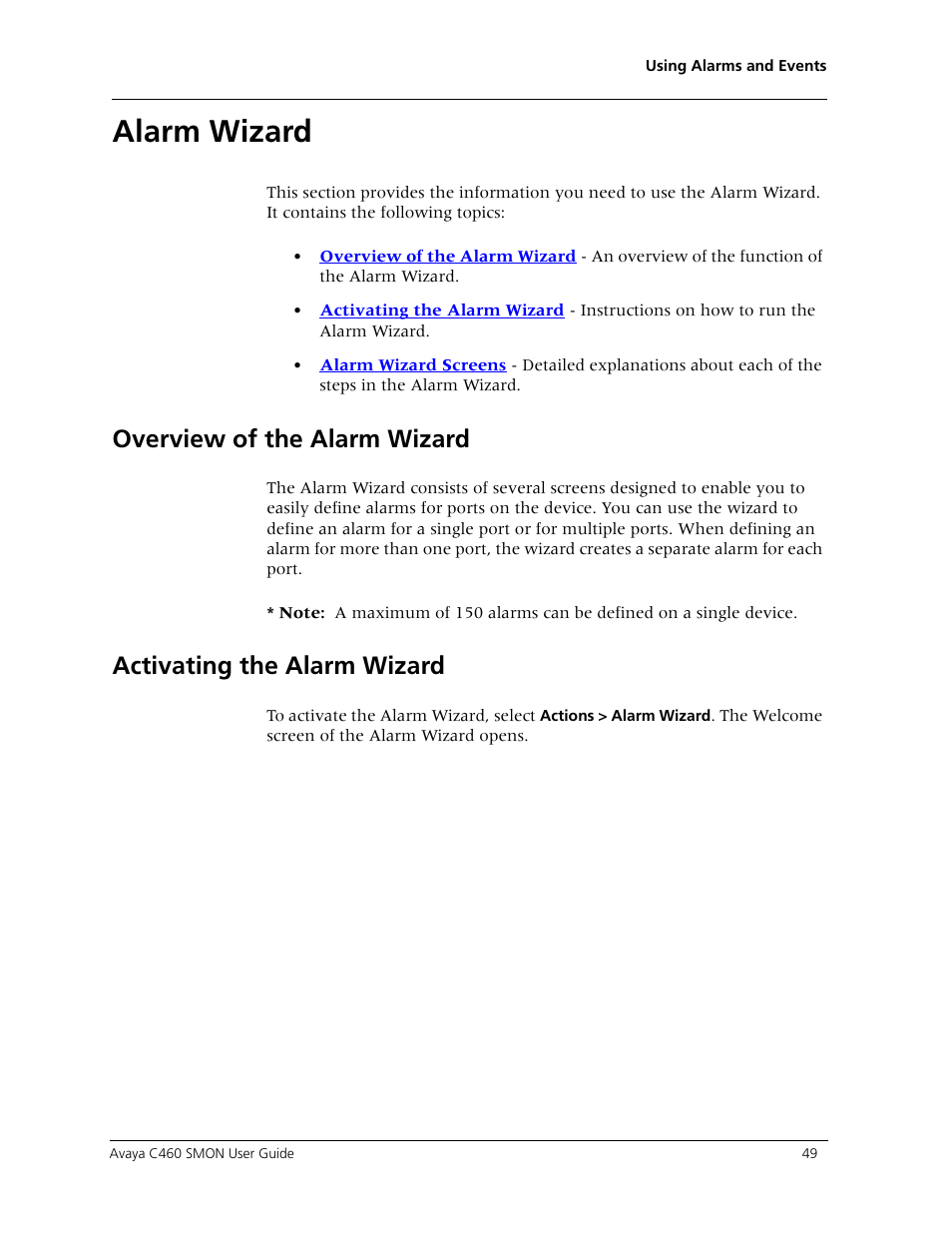 Alarm wizard, Overview of the alarm wizard, Activating the alarm wizard | Zard, refer to | Avaya C460 SMON User Manual | Page 57 / 102