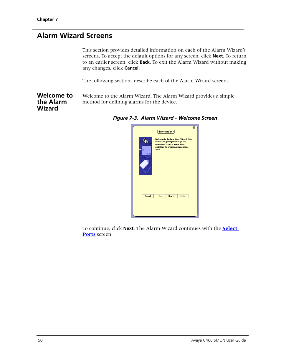 Alarm wizard screens, Welcome to the alarm wizard | Avaya C460 SMON User Manual | Page 58 / 102