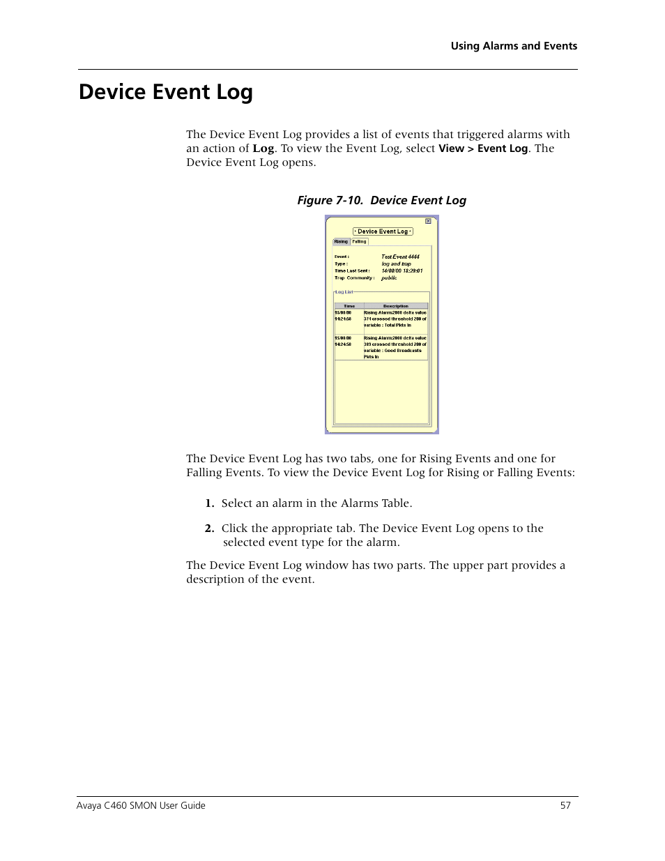 Device event log, The smon device event log, refer to, Device event log” on | Avaya C460 SMON User Manual | Page 65 / 102