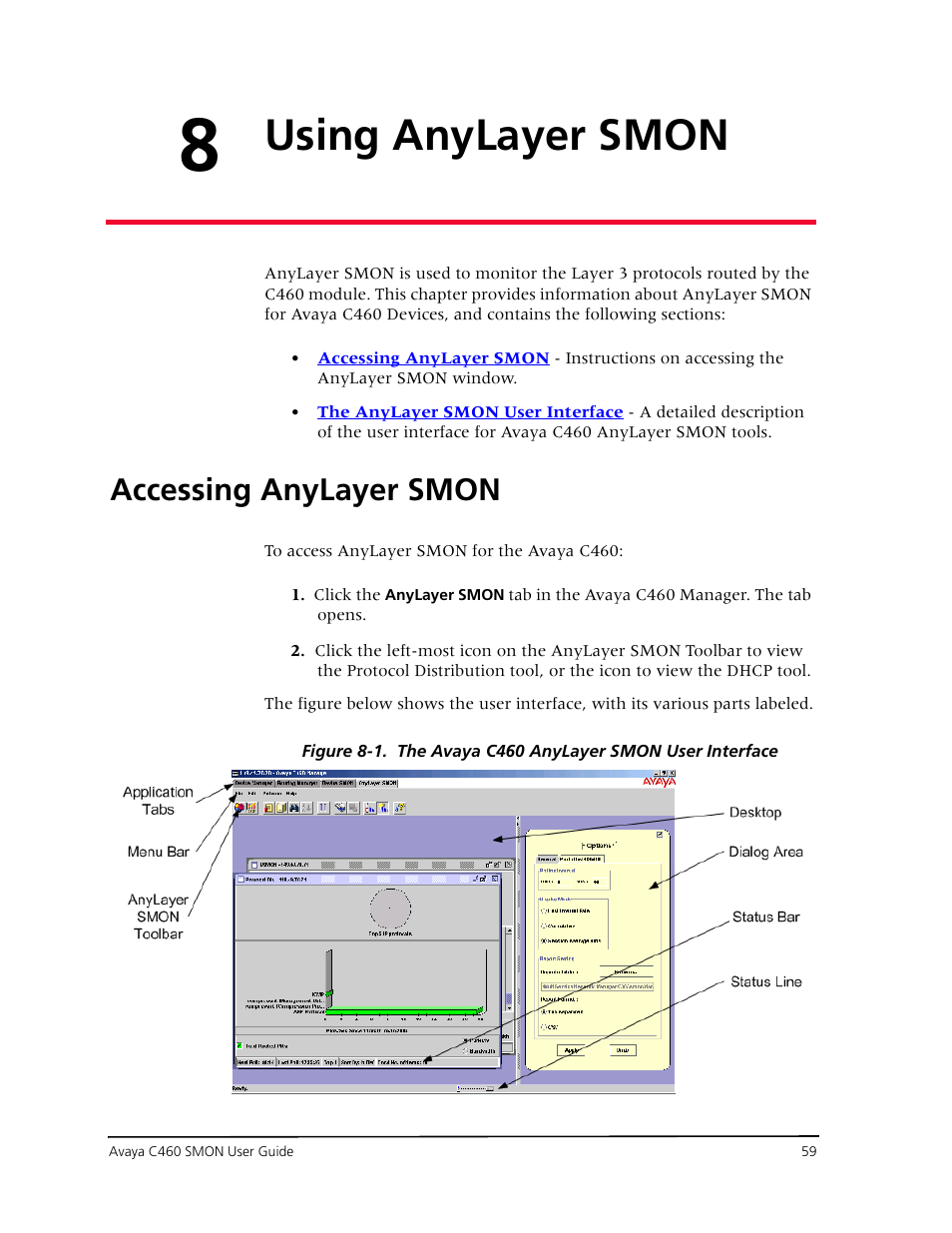Using anylayer smon, Accessing anylayer smon, Chapter 8 — using anylayer smon | Avaya C460 SMON User Manual | Page 67 / 102