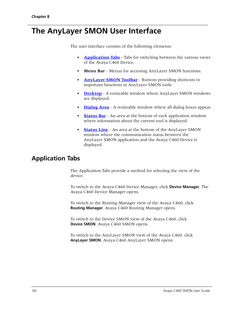 The anylayer smon user interface, Application tabs | Avaya C460 SMON User Manual | Page 68 / 102
