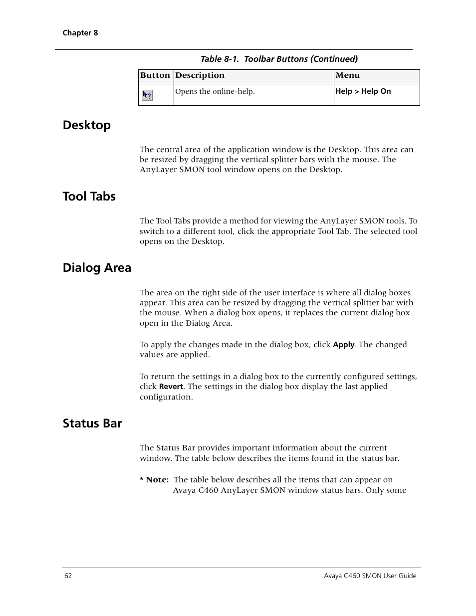 Desktop, Tool tabs, Dialog area | Status bar, Desktop tool tabs dialog area status bar | Avaya C460 SMON User Manual | Page 70 / 102
