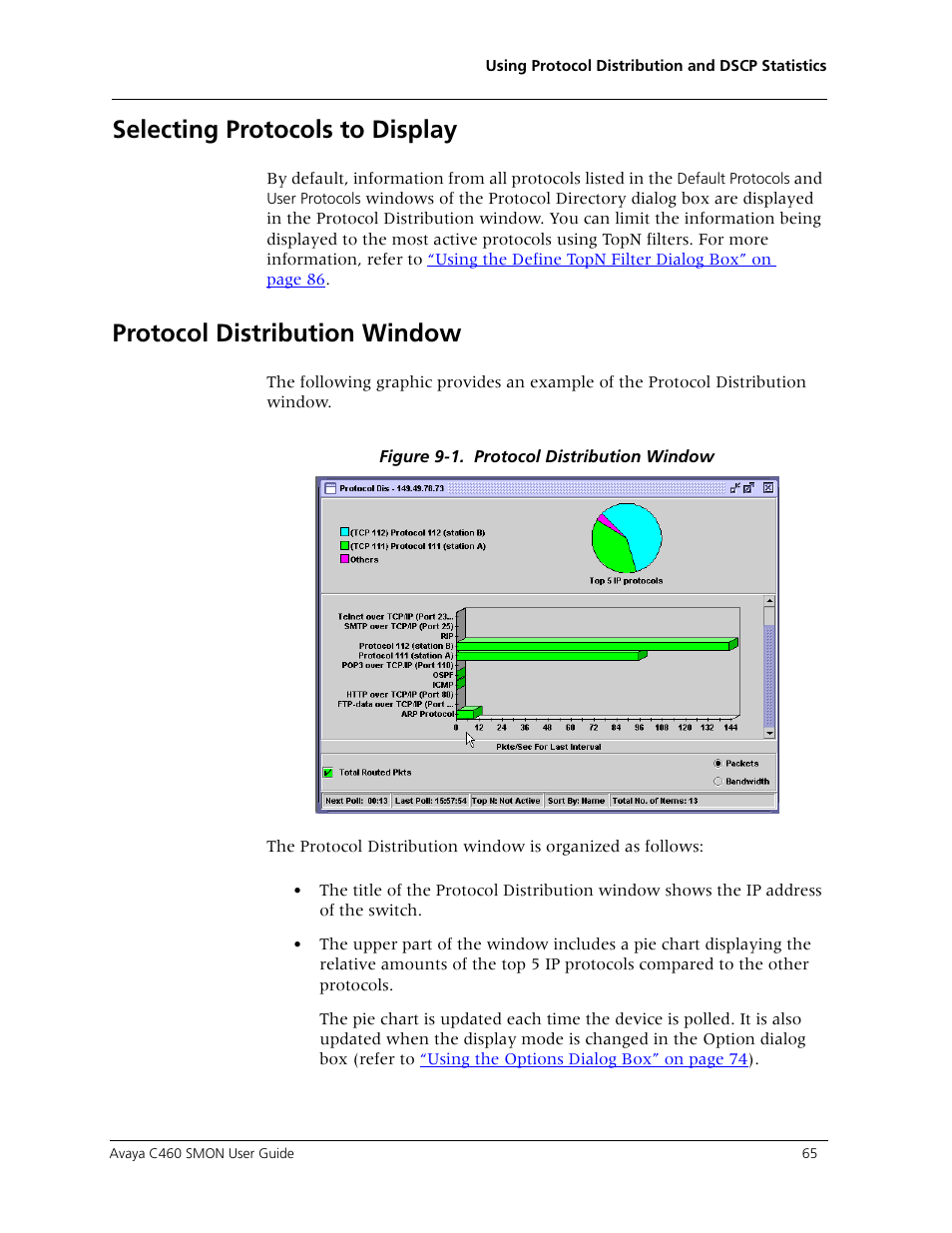 Selecting protocols to display, Protocol distribution window | Avaya C460 SMON User Manual | Page 73 / 102