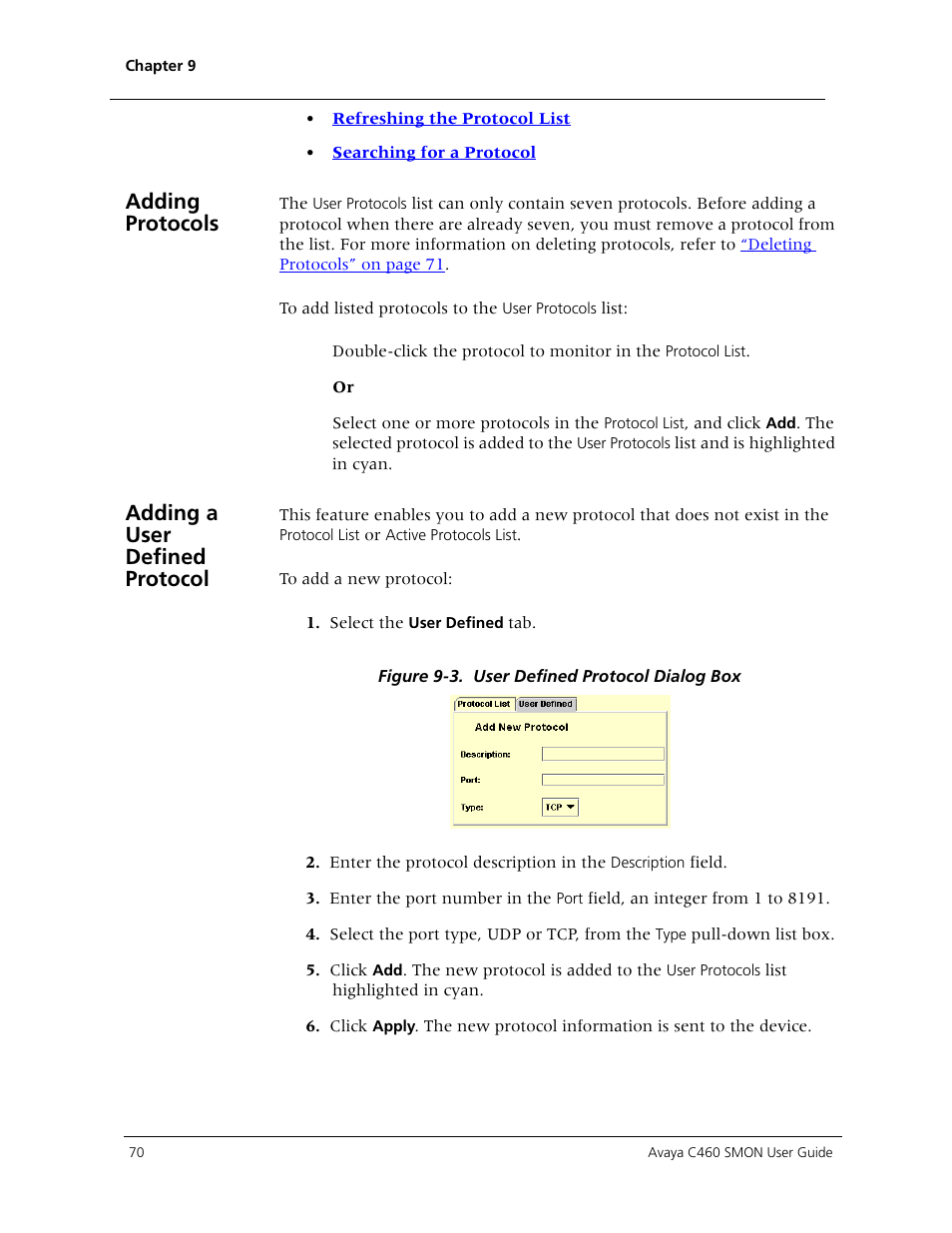 Adding protocols, Adding a user defined protocol | Avaya C460 SMON User Manual | Page 78 / 102