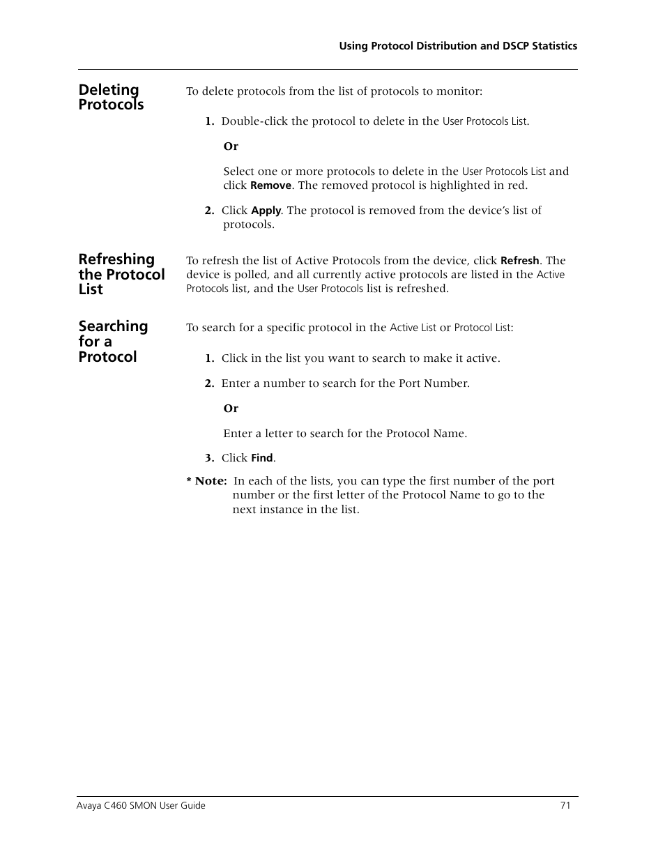Refreshing the protocol list, Searching for a protocol, Deleting protocols, refer to | Deleting, Deleting protocols | Avaya C460 SMON User Manual | Page 79 / 102