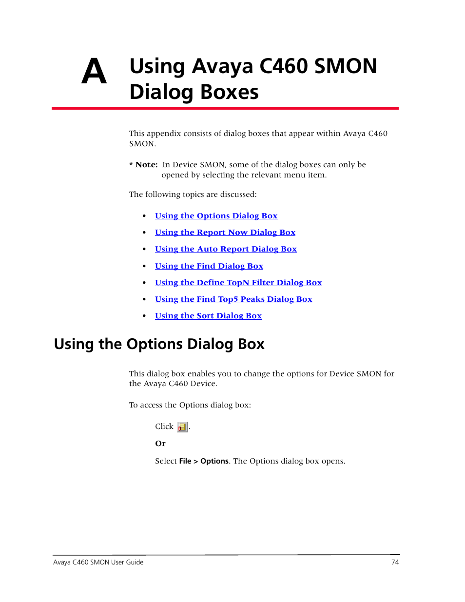 Using avaya c460 smon dialog boxes, Using the options dialog box, Appendix a — using avaya c460 smon dialog boxes | Refer to, Using the options dialog box” on, For more informat, Using the | Avaya C460 SMON User Manual | Page 82 / 102