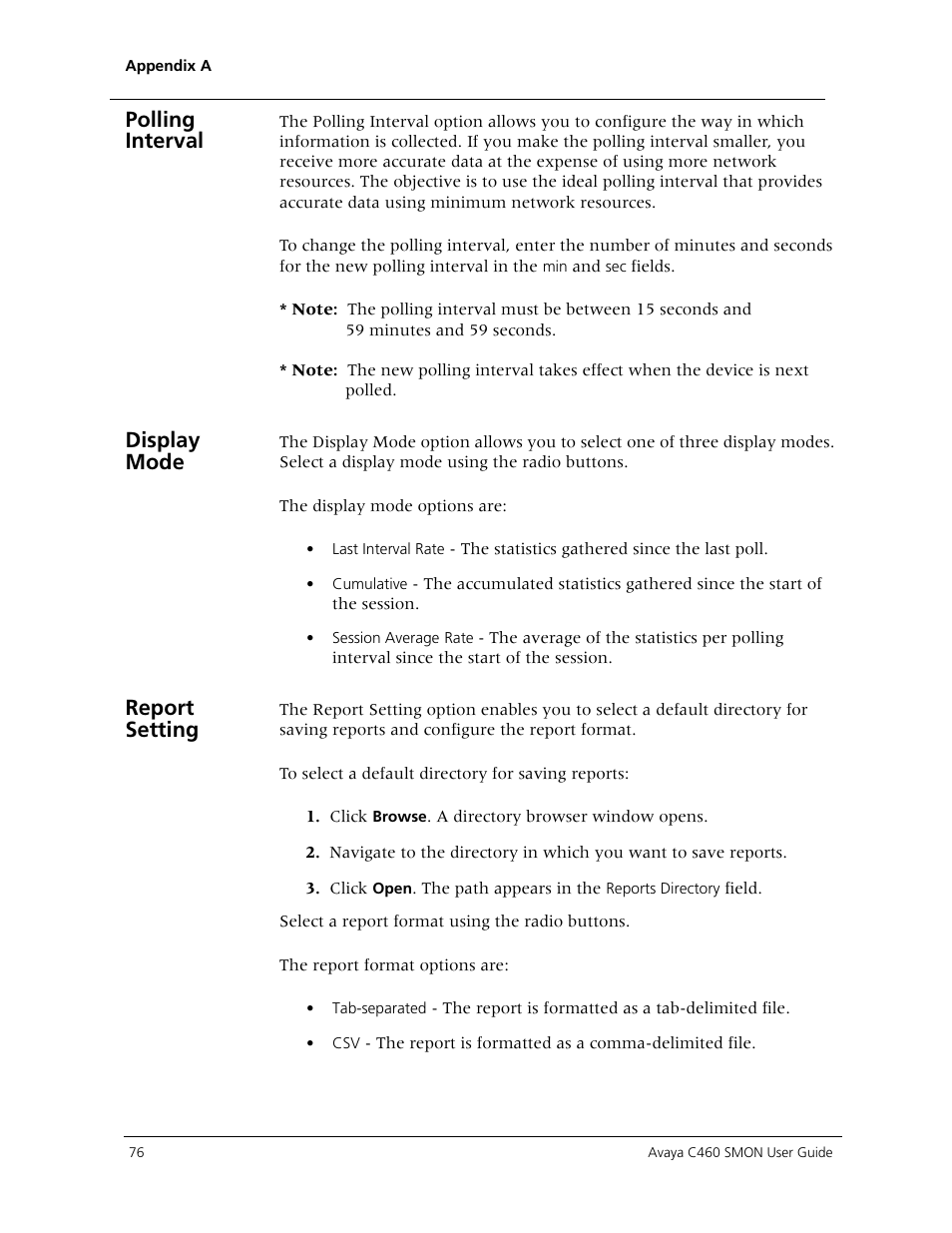 Polling interval, Display mode, Report setting | Avaya C460 SMON User Manual | Page 84 / 102