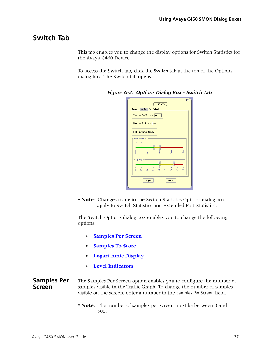 Switch tab, Samples per screen | Avaya C460 SMON User Manual | Page 85 / 102