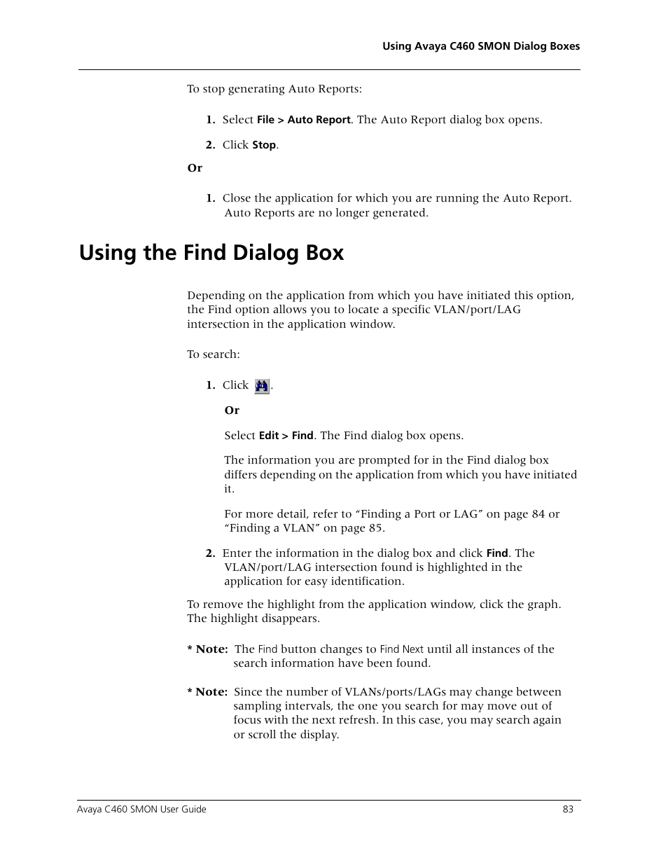 Using the find dialog box, Using the find, Using the find dialog | Avaya C460 SMON User Manual | Page 91 / 102