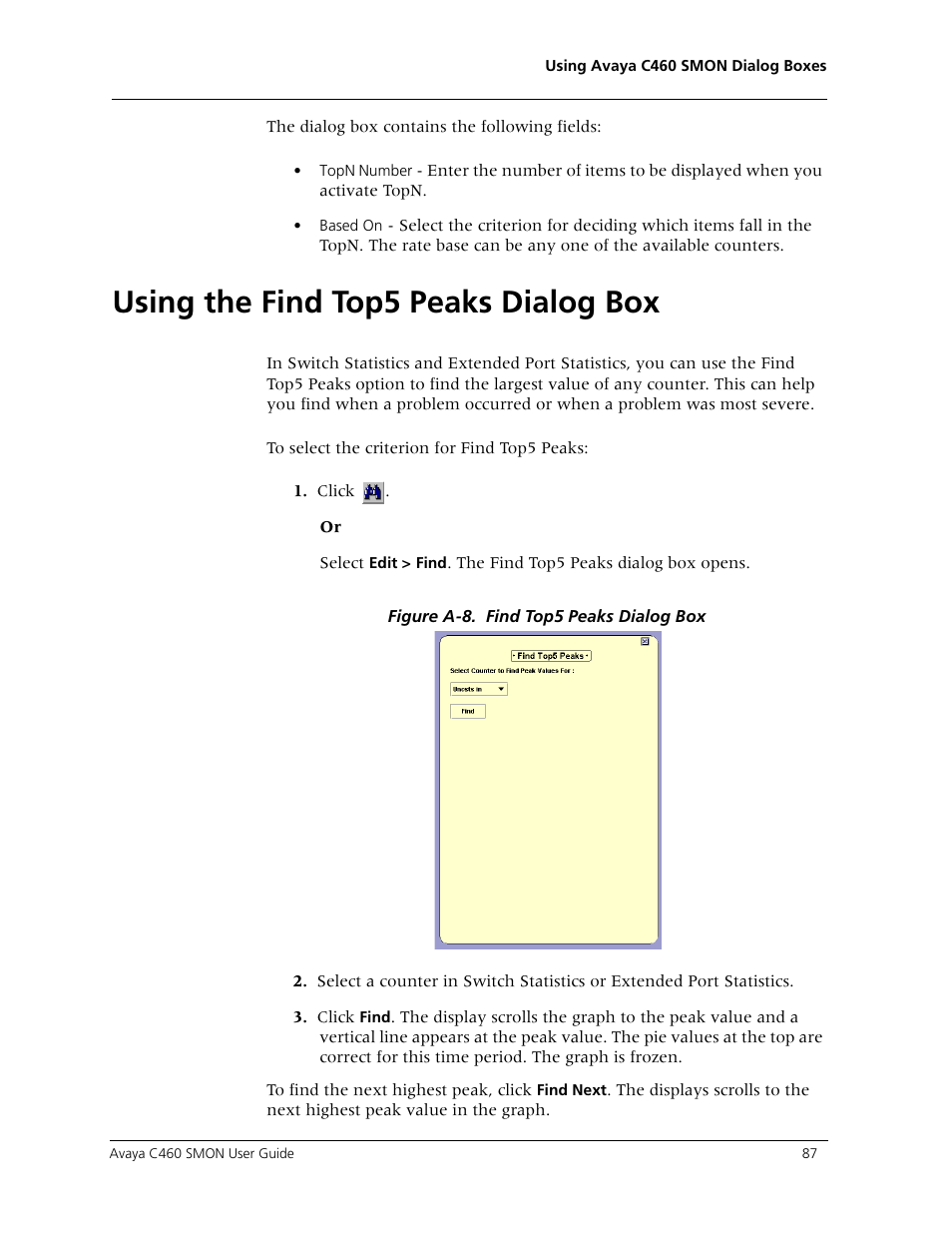 Using the find top5 peaks dialog box, Using the | Avaya C460 SMON User Manual | Page 95 / 102