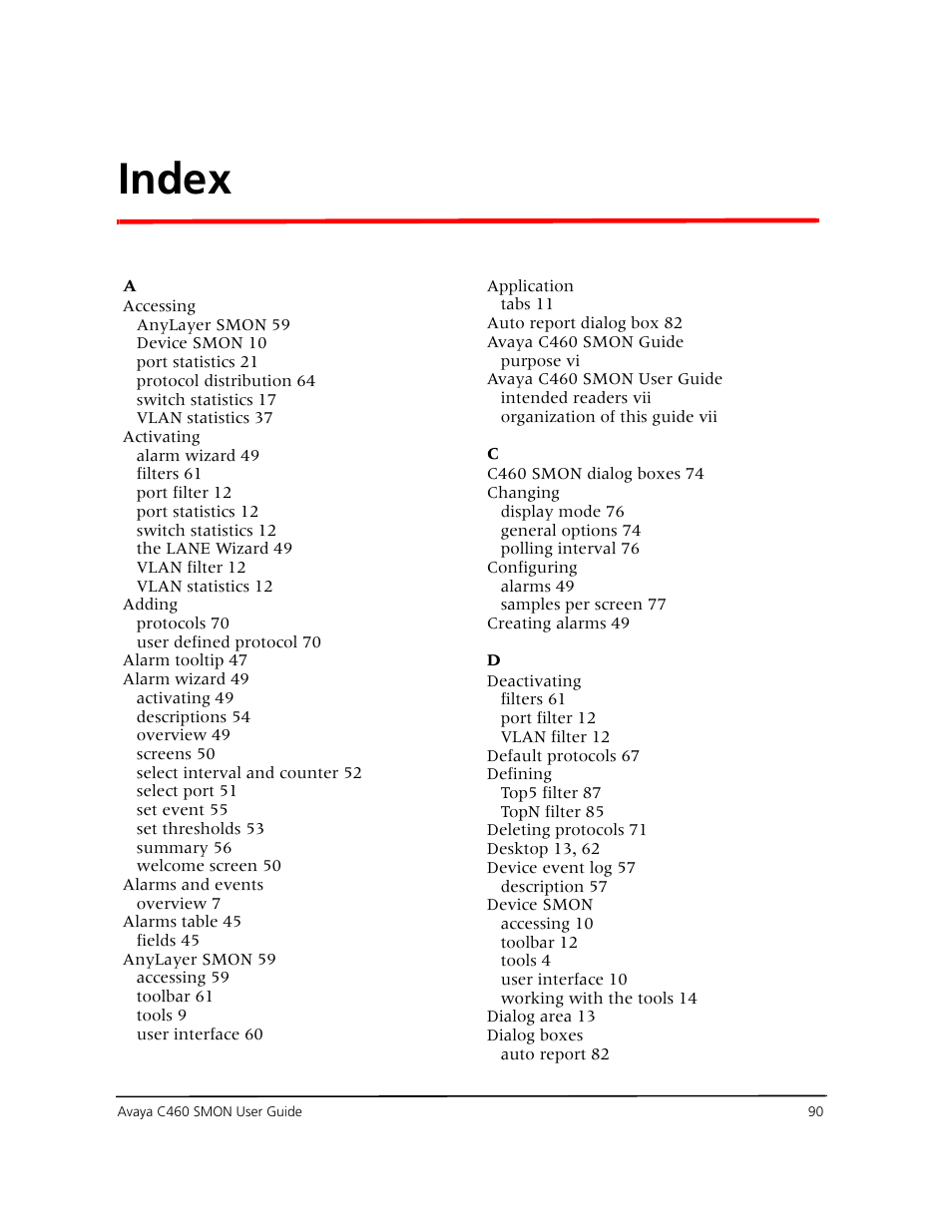 Index | Avaya C460 SMON User Manual | Page 98 / 102