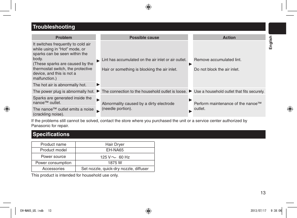 Troubleshooting, Specifications | Panasonic EH-NA65-K User Manual | Page 13 / 40