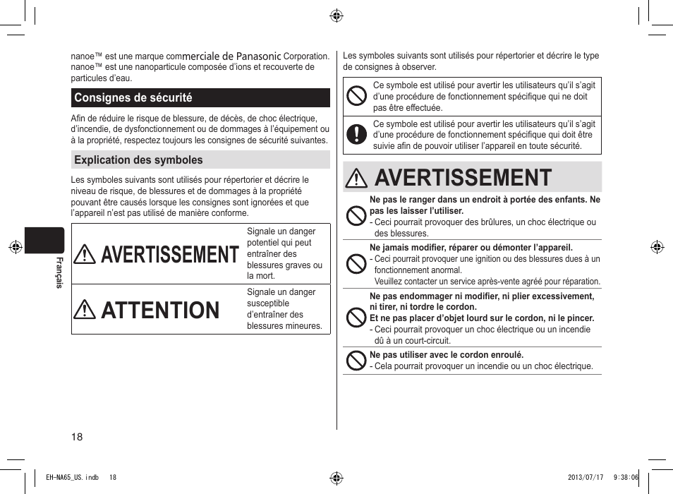 Consignes de sécurité, Avertissement, Attention | Panasonic EH-NA65-K User Manual | Page 18 / 40