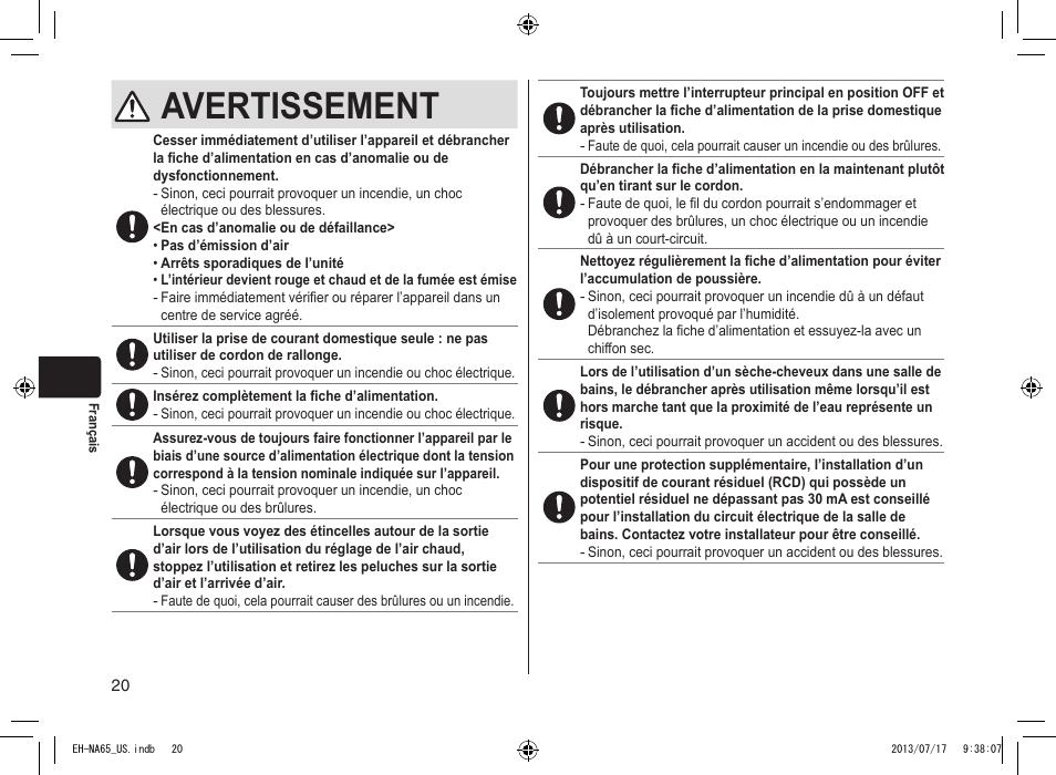 Avertissement | Panasonic EH-NA65-K User Manual | Page 20 / 40
