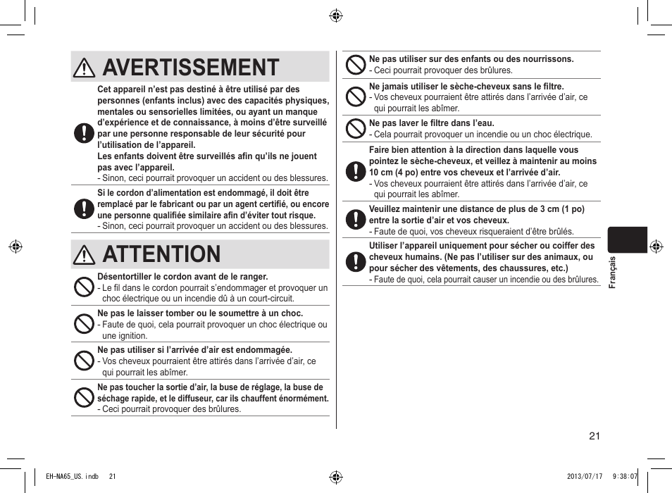Avertissement, Attention | Panasonic EH-NA65-K User Manual | Page 21 / 40