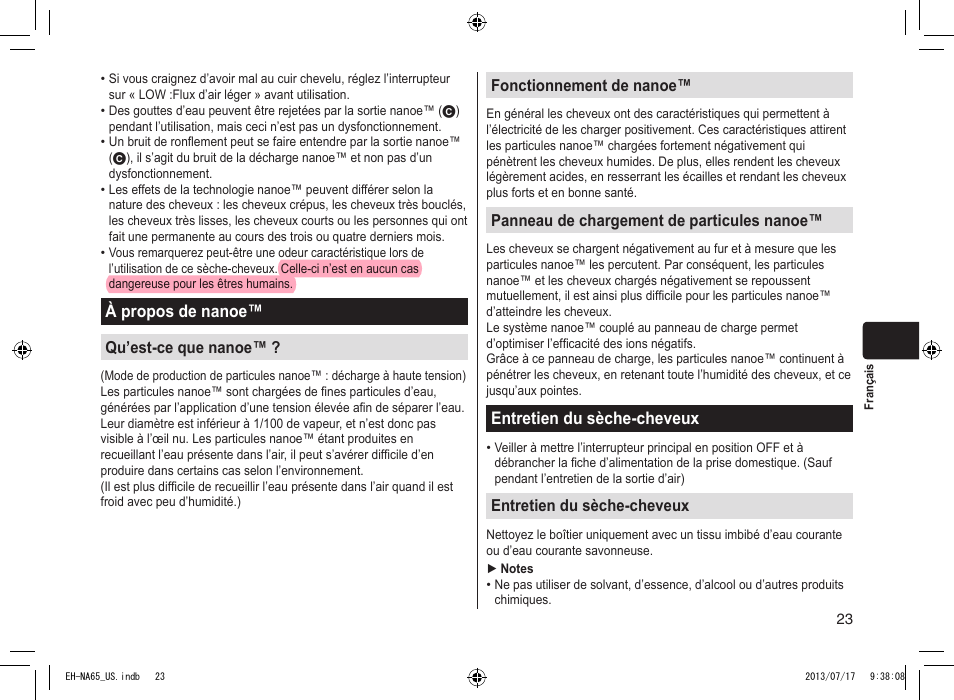 À propos de nanoe, Entretien du sèche-cheveux, Entretiendusèche-cheveux | Àproposdenanoe | Panasonic EH-NA65-K User Manual | Page 23 / 40